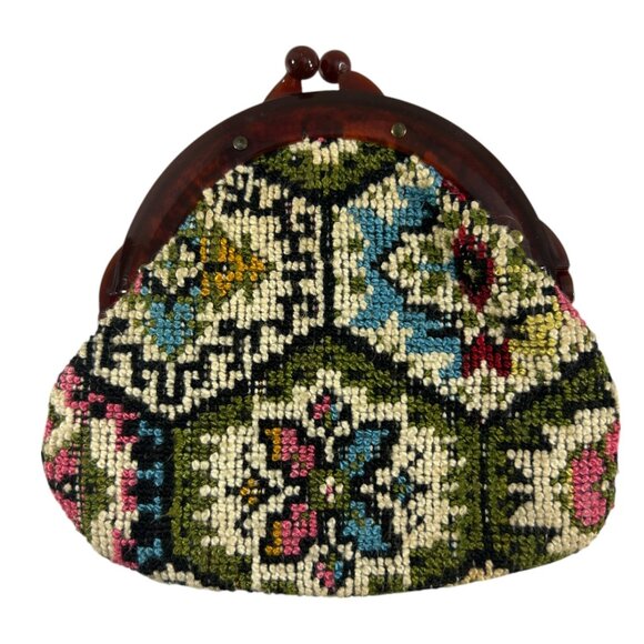 Vintage Petit Point Tapestry Style Purse Needlepoint Kiss Lock Clutch Handbag - Picture 1 of 9